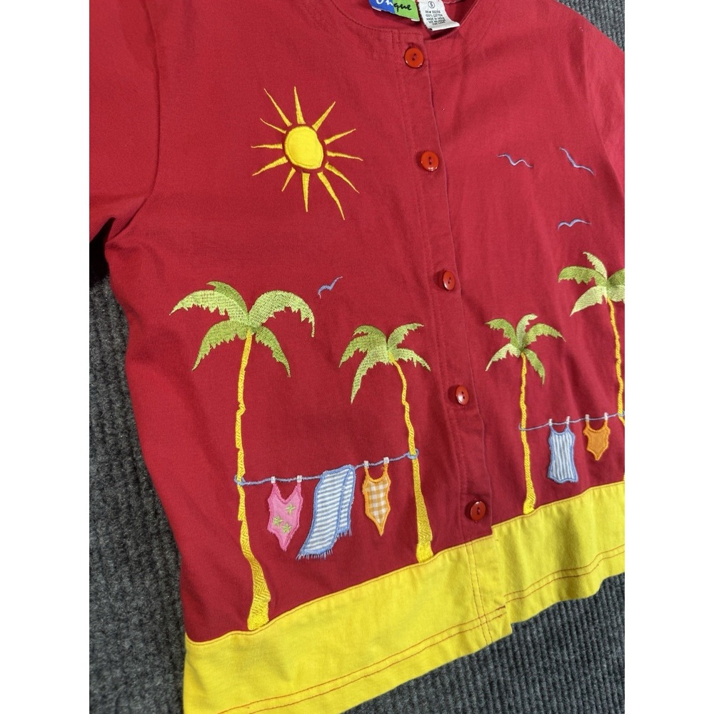 Onque Women's Embroidered Beach Button Front Blouse Red Yellow Short Sleeve S - Picture 5 of 11